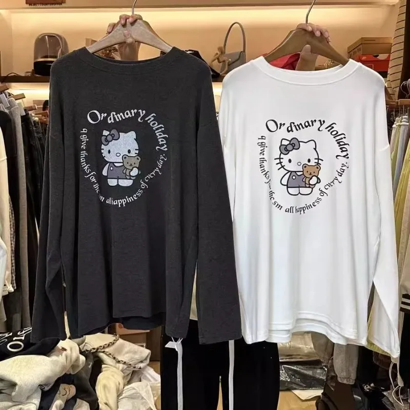 

Korean Version Dopamine Hello Kitty Printed Tops Pure Cotton Long Sleeved T Shirts for Women Harajuku Vintage Women Clothing