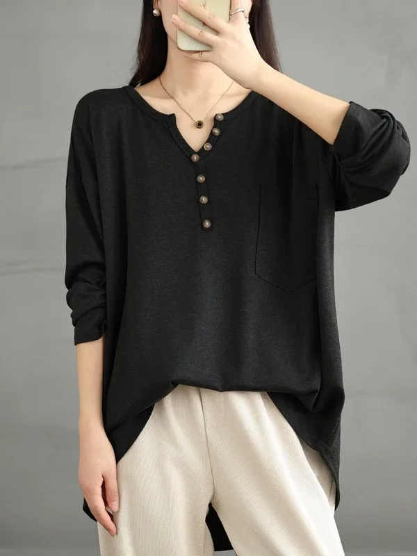 

Новая женская футболка свободного кроя с V-образным вырезом, утепленная, без шерсти, весна-осень, простая, без застежек, с длинным рукавом, средней длины