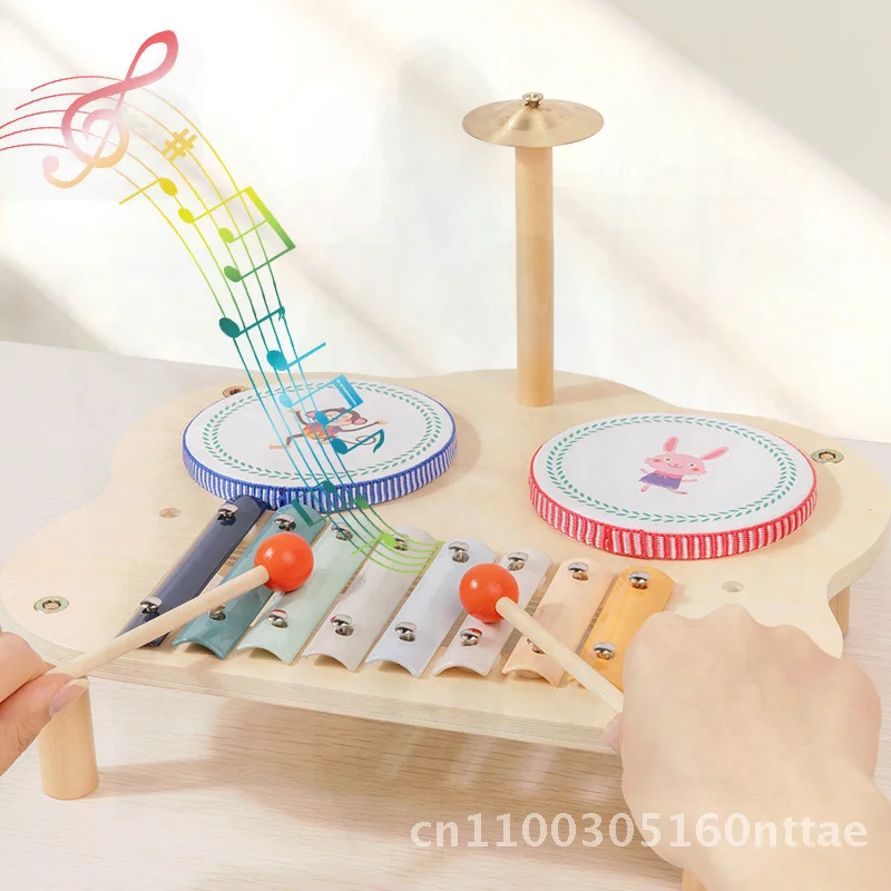 Drewniany stół muzyczny Montessori dla dzieci, wielofunkcyjny, ósemioscienny bęben do uderzania, zabawka dla niemowląt w kolorowej pudełko.