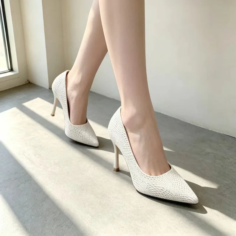 Tikicup White Crocodile-Effect Women Sexy Pattern Stiletto High Heels 12cm 10cm 8cm Customize Lady Pointy Pumps Chic Party Shoes