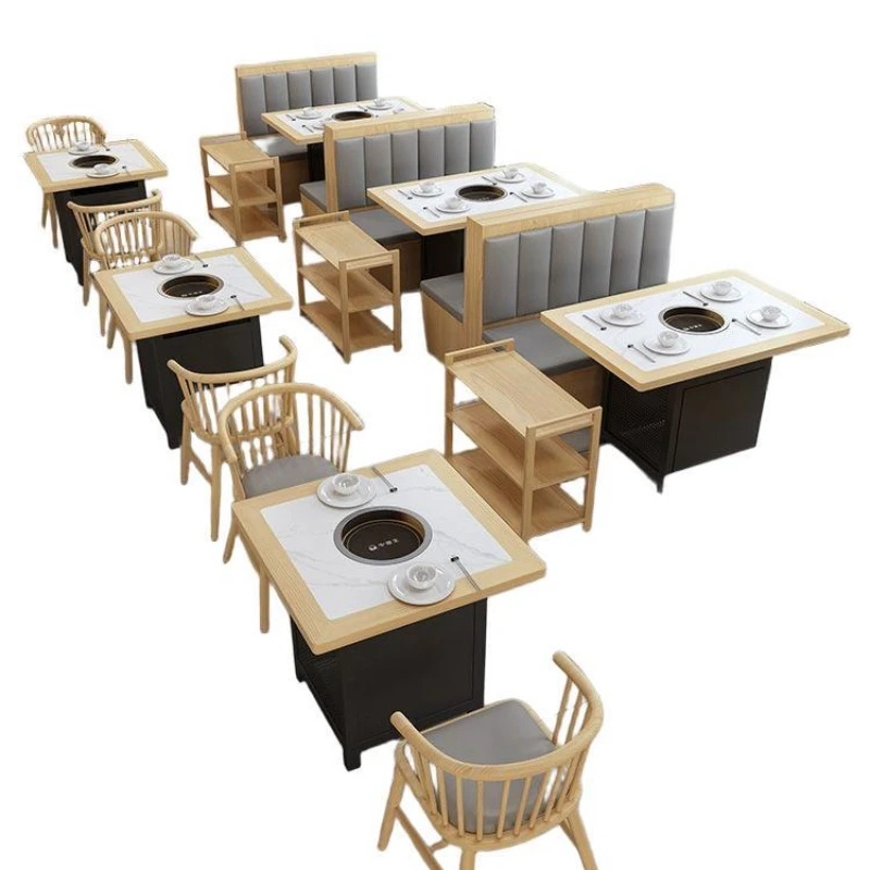 

Commercial hot pot marble, tables and chairs, induction cooker smokeless rock slab table