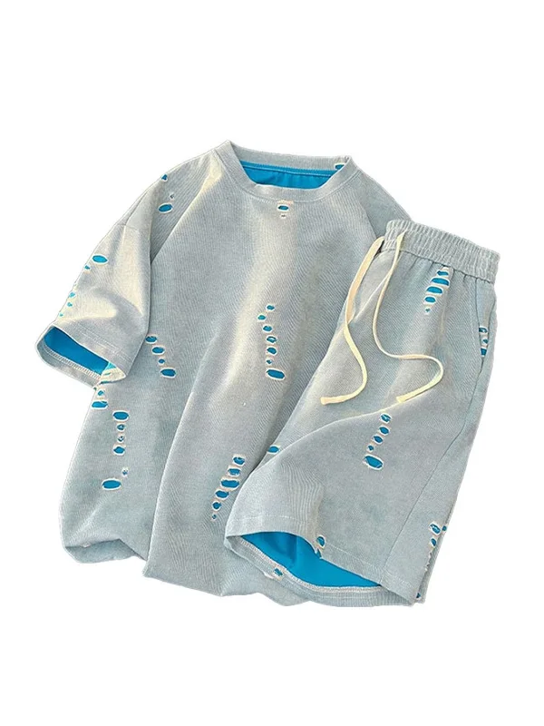 

Retro American Hole ort Sve T-irt Set for Men round Ne f Sve Summer Straight Leg ort Pants Two Piece Set Trendy