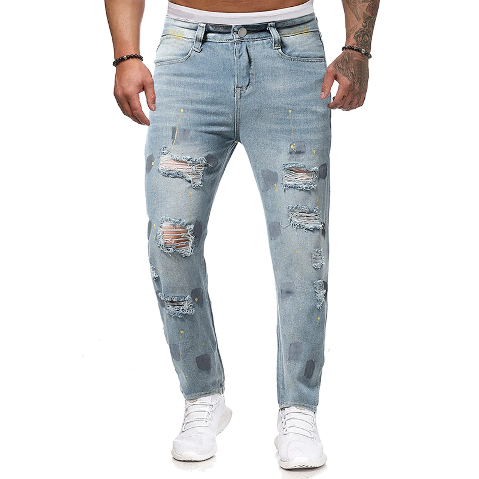 Mens Fashion Casual Straight Hole Buckle Zipper Middle Waist Denim Long Pants Star Apparel