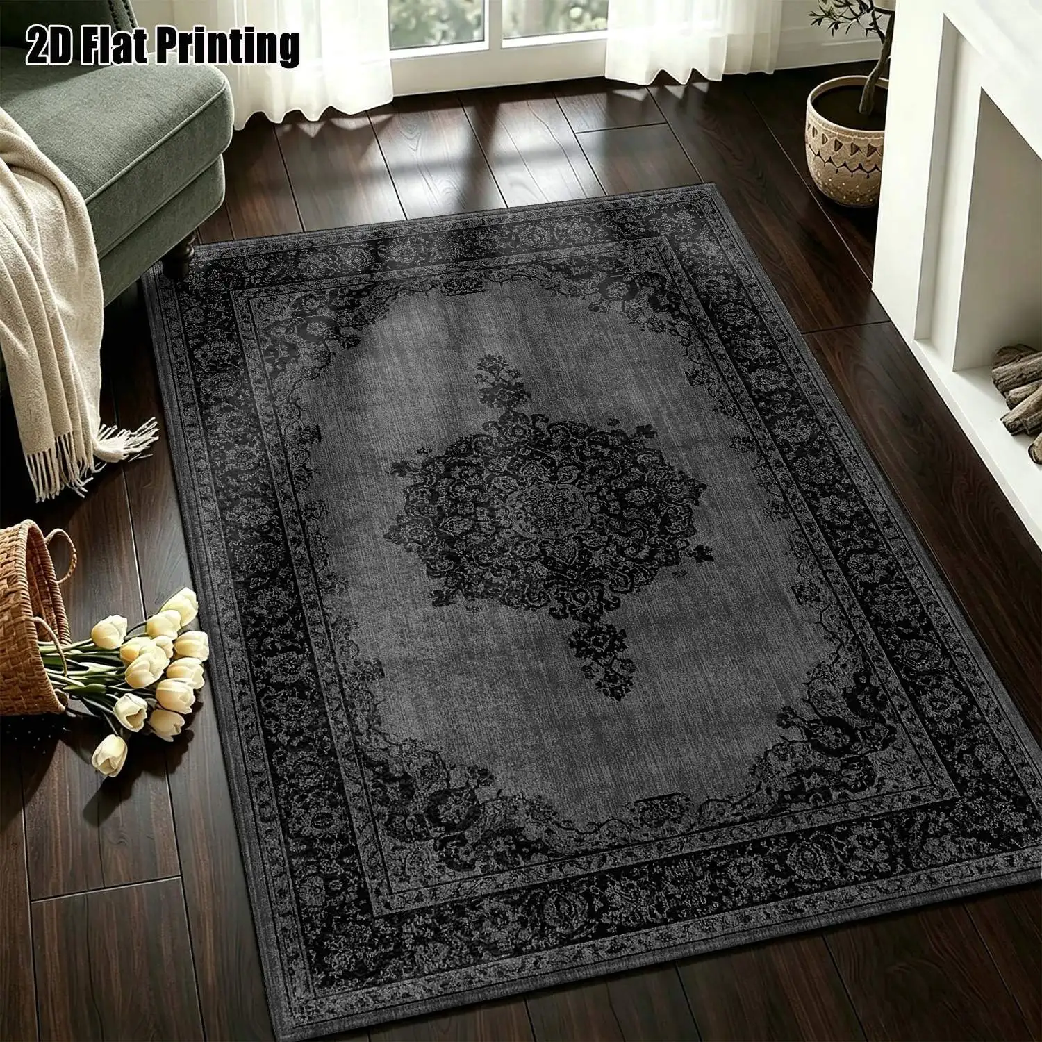 1Pc 2D Printed Carpet: Gray-Black Retro European Style, Geometric Simple Design, Multi-Size, Machine Washable, Ideal for Home Decor & Multi-Scene Use