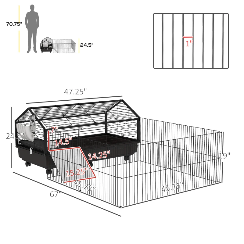 Small Animal Cage with Foldable Run Area, Rolling Bunny Cage,with Water Bottle, Water Bowl, and Ramps, 46.5