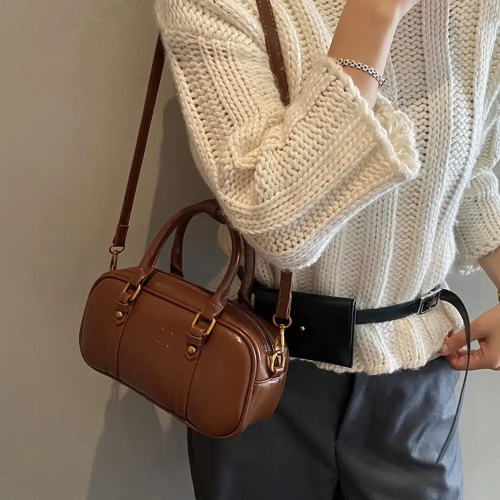 

Ins PU Leather Bowling Bag Solid Color Korean Style PU Boston Bag Handbag Large Capacity Sling Bag Streetwear