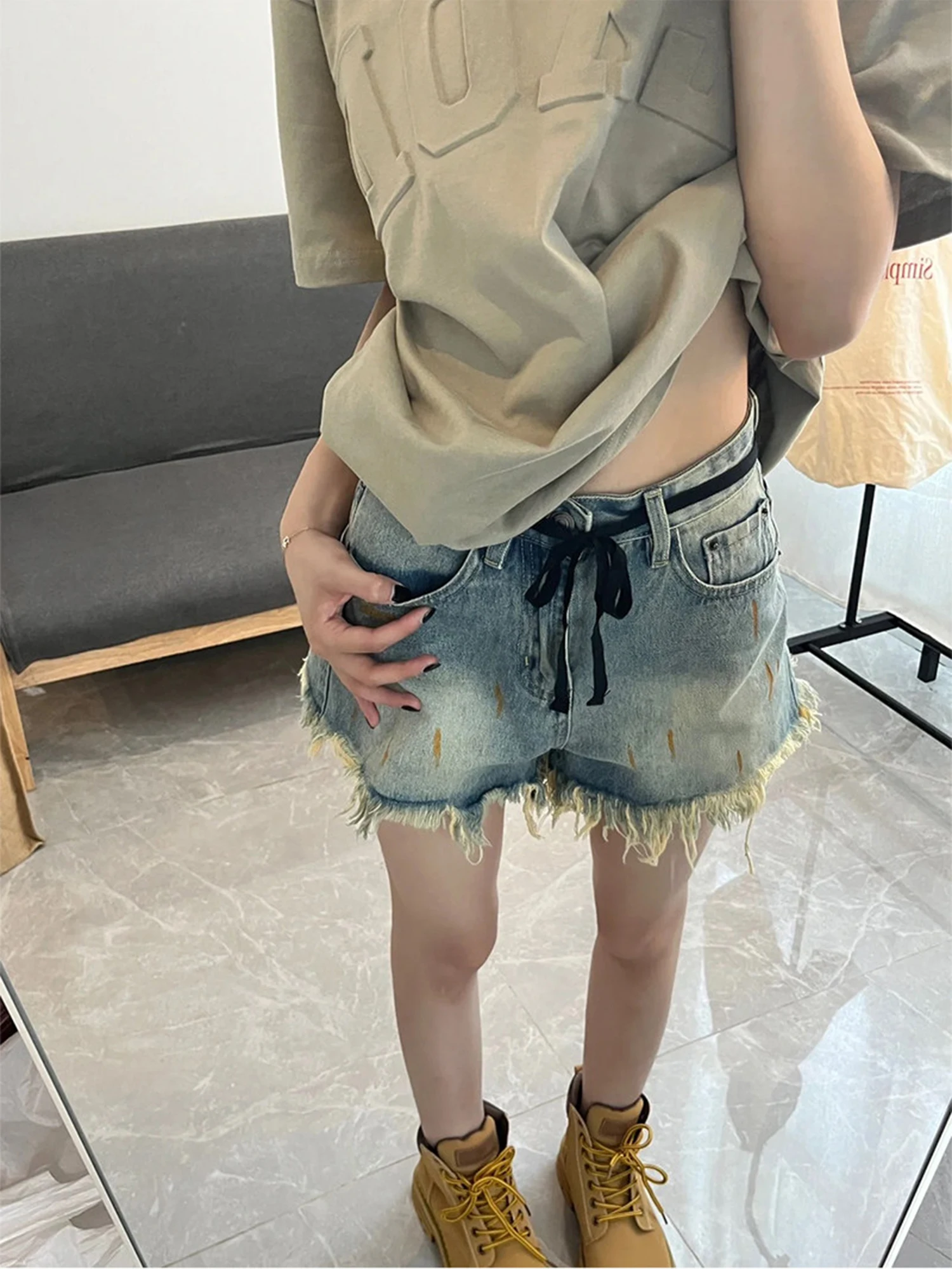 Women Blue Mini Tassel Denim Shorts Vintage Micro Jeans Shorts 2000s Y2k Gyaru High Waist Hot Cowboy Pants Shorts Clothes Summer