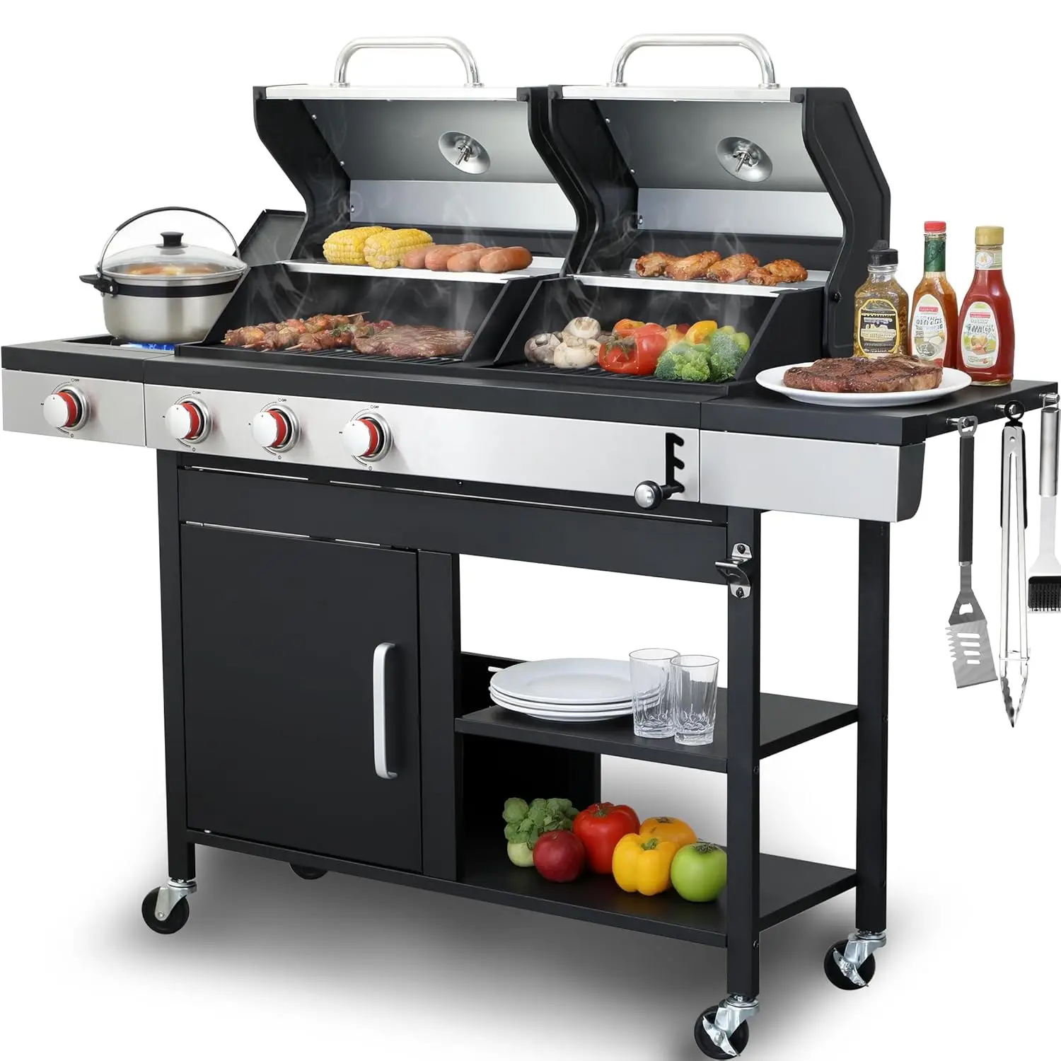 

3 Burner Gas Charcoal Combo Grill 39000 BTU Cast Iron Grates Warming Rack Storage Cabinet Wheels Outdoor Patio, Custom