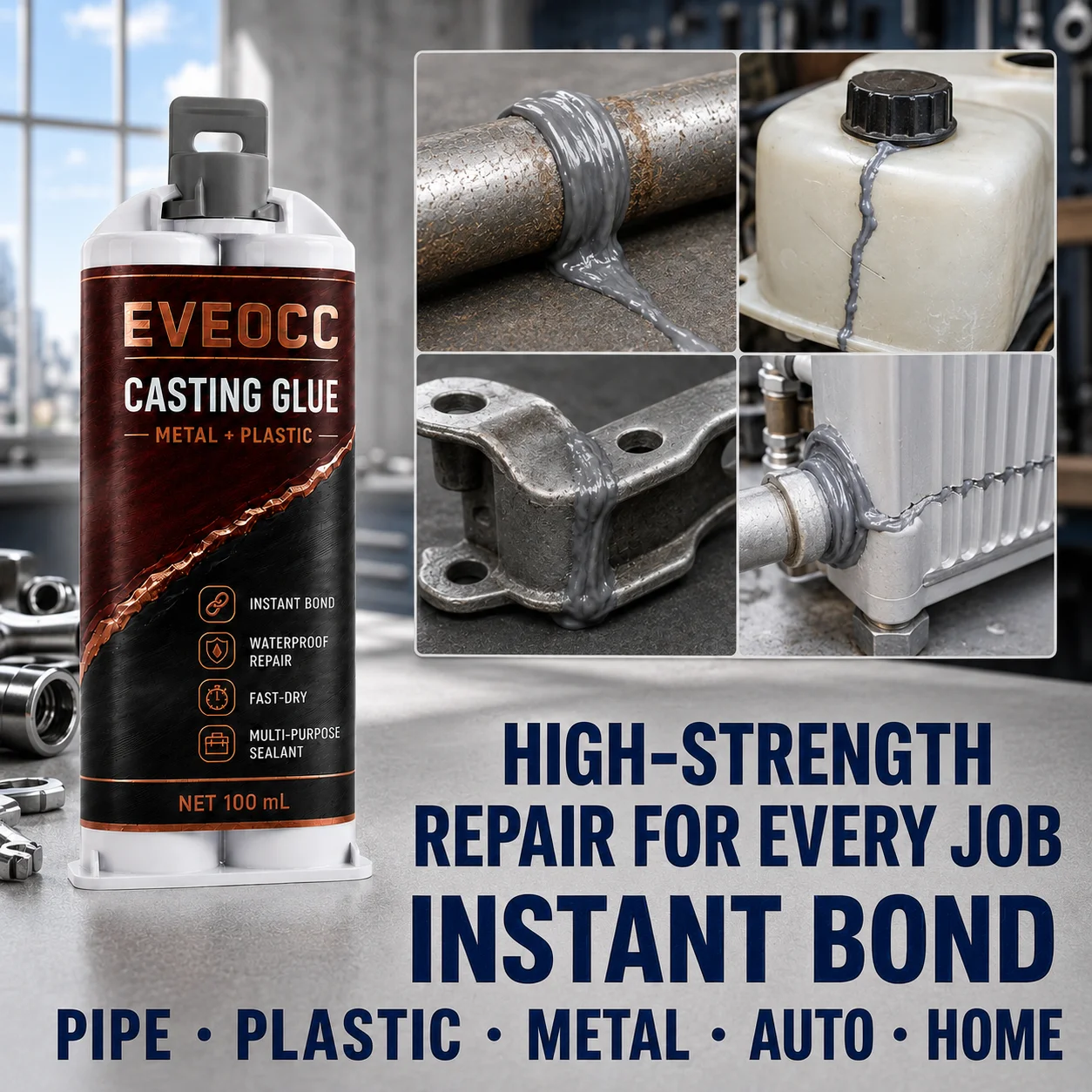 Waterproof Instant Bond Casting Glue, Multi‑Purpose Fast‑Dry Adhesive Sealant for Metal Plastic Broken Parts Repair