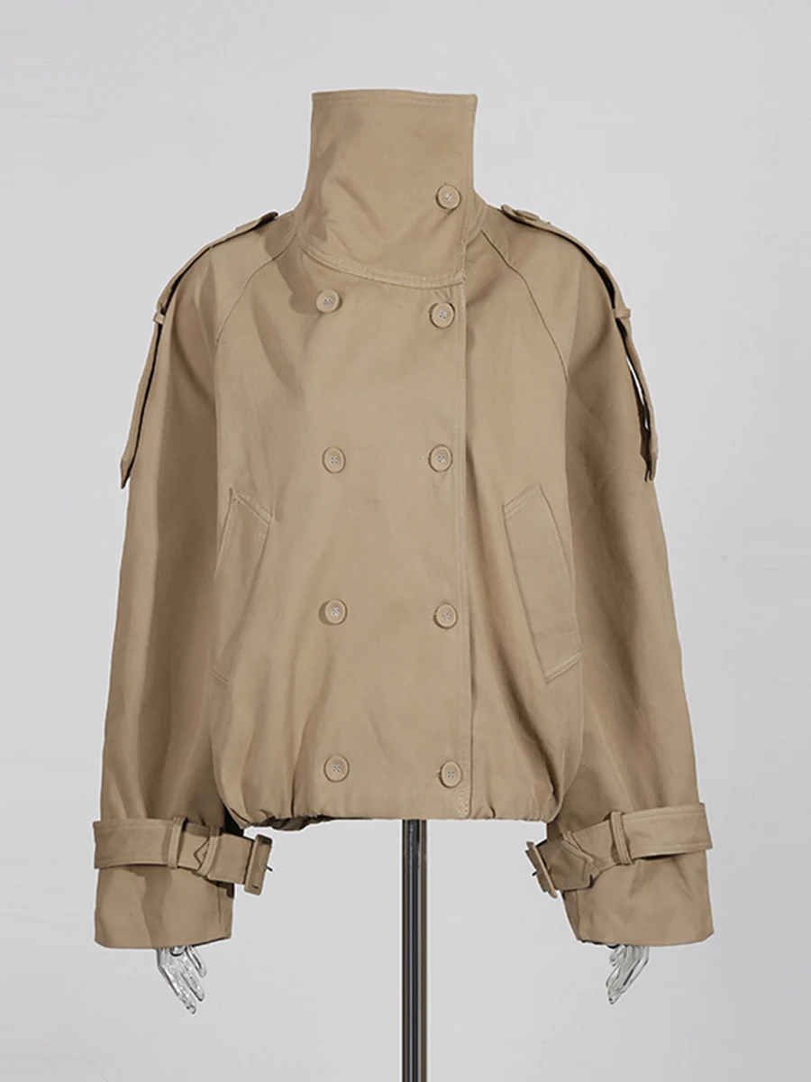 CHICEVER 카키색 스플라이스드 새시 스트리트웨어 재킷 여성용 라펠 긴 소매 루즈핏 한국 스타일 여성 재킷 가을 패션 신상