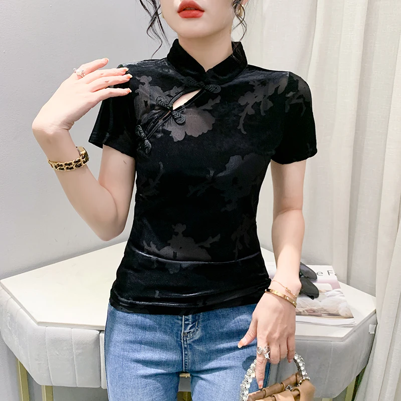 MadBlack Classic Summer European Clothes TShirts Woman Sexy Stand Collar Frog Print Slim Velour Tops Short Sleeve Tees T34319C