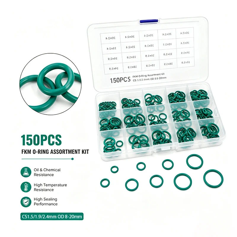 150 Pieces of FKM Green O-ring Set OD 8mm-20mm CS 1.5/1.9/2.4mm Multi Specification Universal Equipment Maintenance Sealing Ring