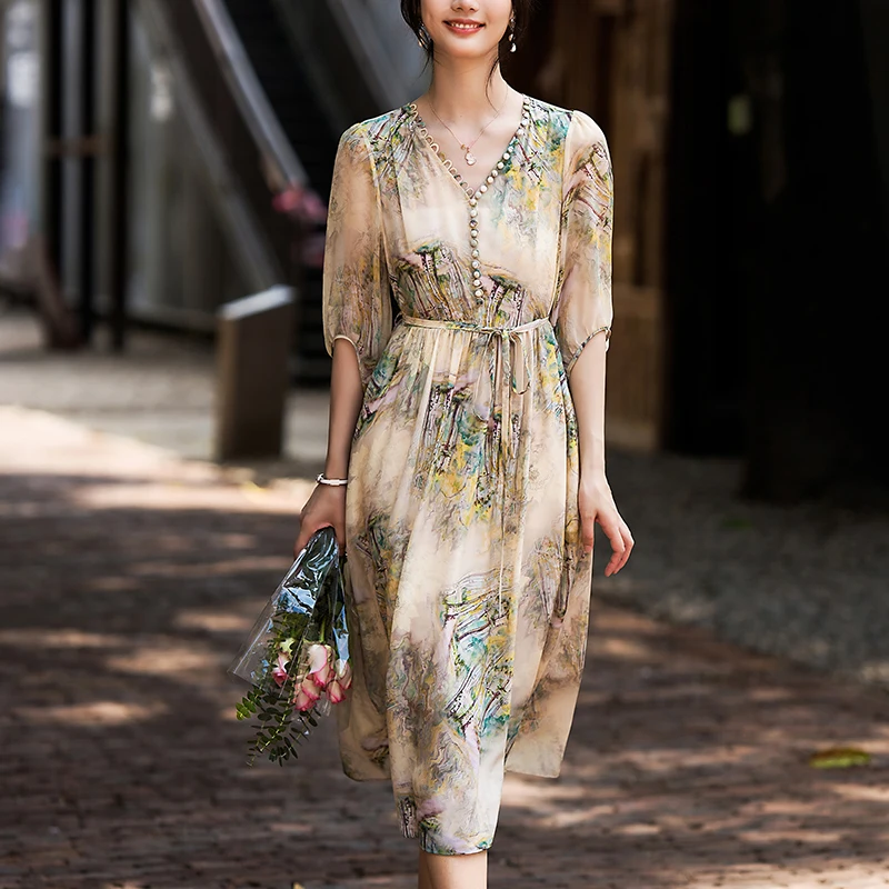 New Holiday Style Elegant Dresses Women Spring Summer V-neck Fashion Print Dress A-line 100% Real Silk Women's Long Dress