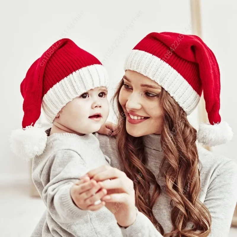 AIYUENCICI Weihnachtsmütze für Mutter und Baby, Familien-Weihnachtsmütze, Eltern-Kind-Weihnachtsmützen mit Bommel