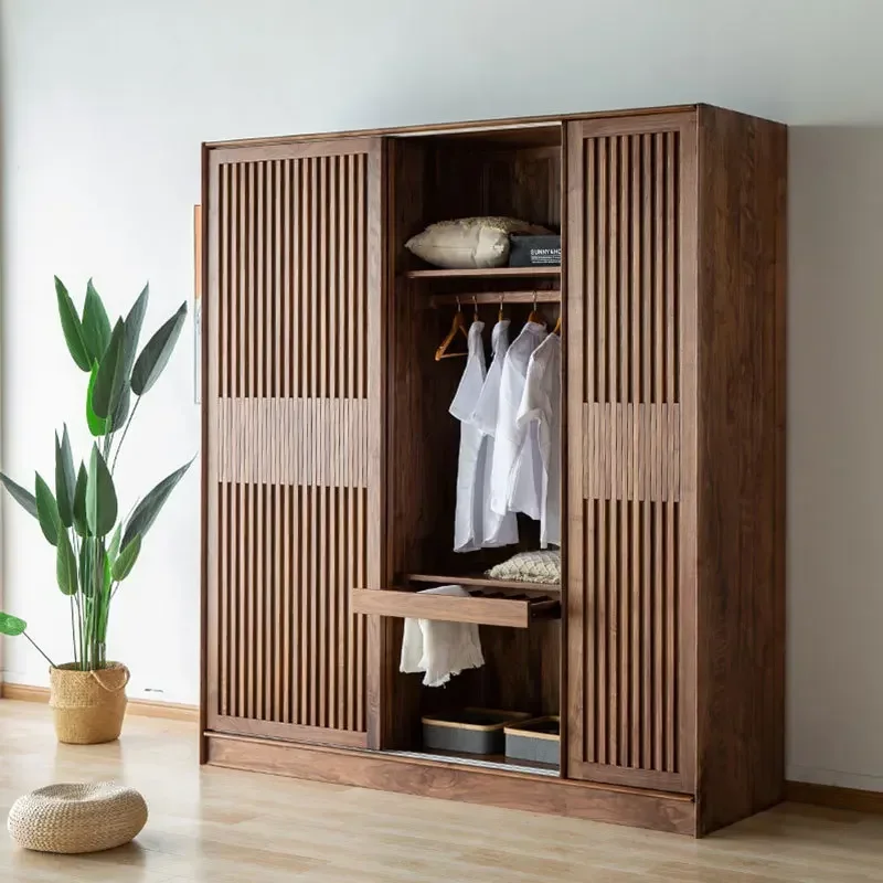 Nordic simple solid wood black walnut, wardrobe modern Japanese log swing door cabinet