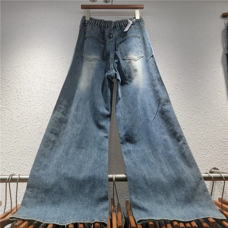 Trendy New Spring Autumn Hollow Out Grid Diamonds Wide Leg Jeans for Women High Waist Mopping Floor Casual Straight Denim Pants