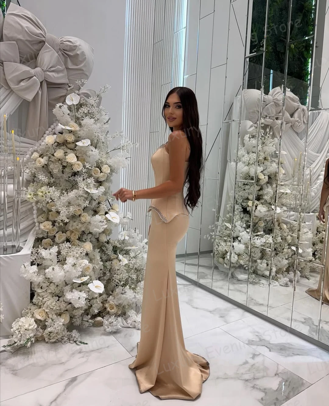 Luxury Evening Dresses Sexy Woman's Mermaid Boat Neck Sleeveless Prom Gowns Fashion Vestidos Customized فساتين سهرة