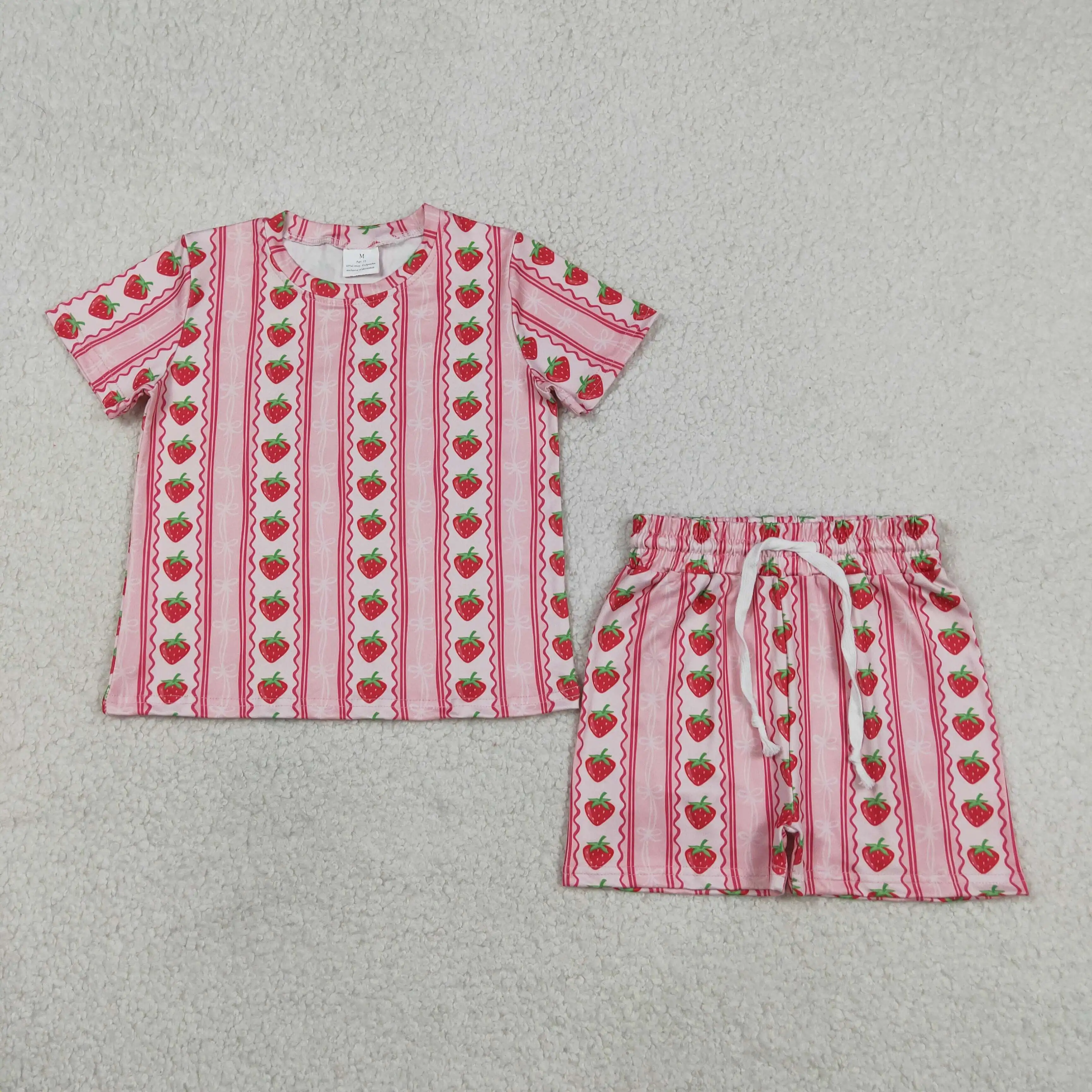 Wholesale Children Toddler Outfit Baby Girl Short Sleeves Strawberry Bows Shirt Kids Pajamas Shorts Girls Summer Clothes