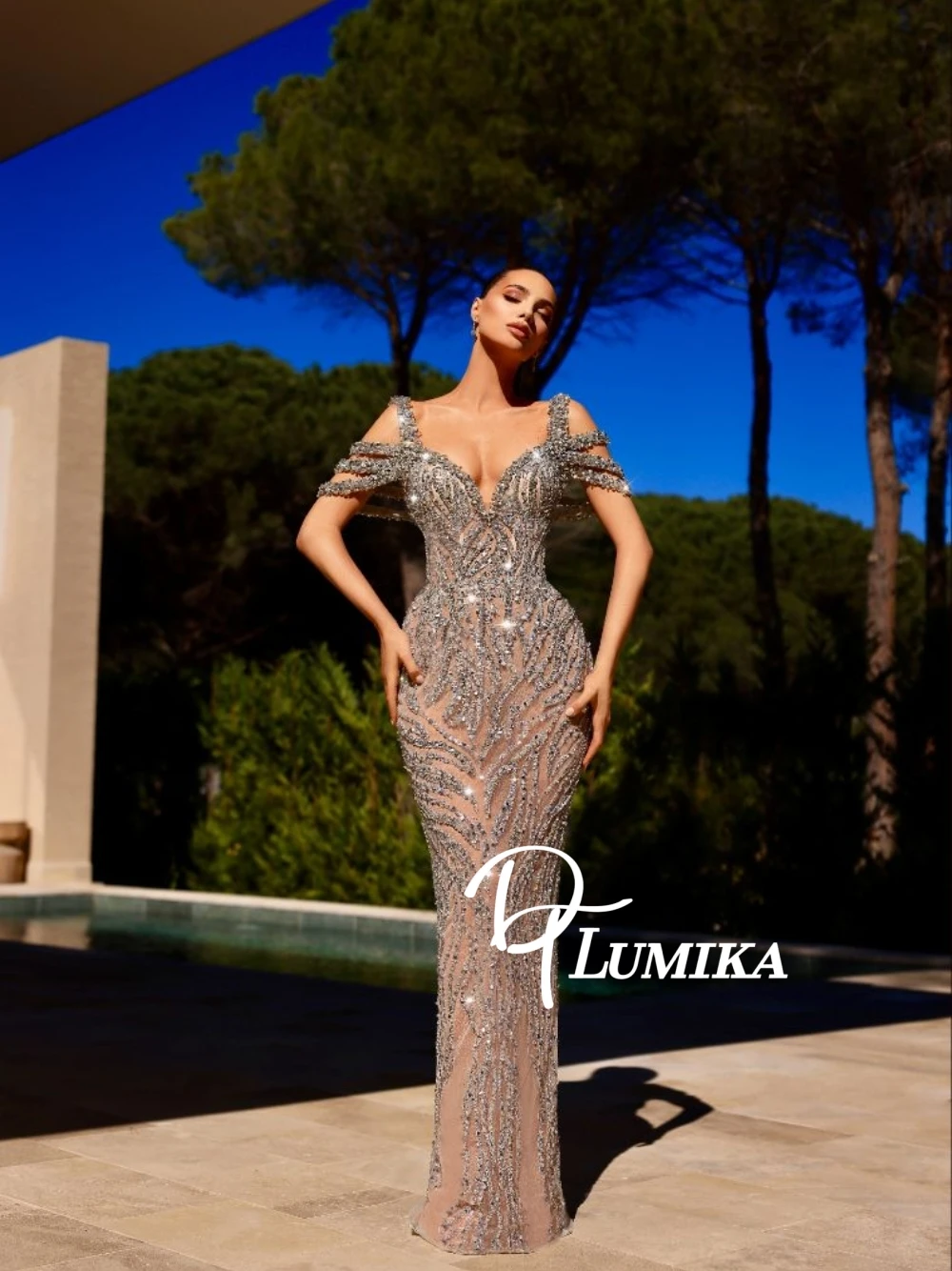 

Luxury Silver Sequined Beaded Evening Dress Sexy Deep V Neck Off Shoulder Bodycon Prom Gown For Red Carpet & Gala Customized