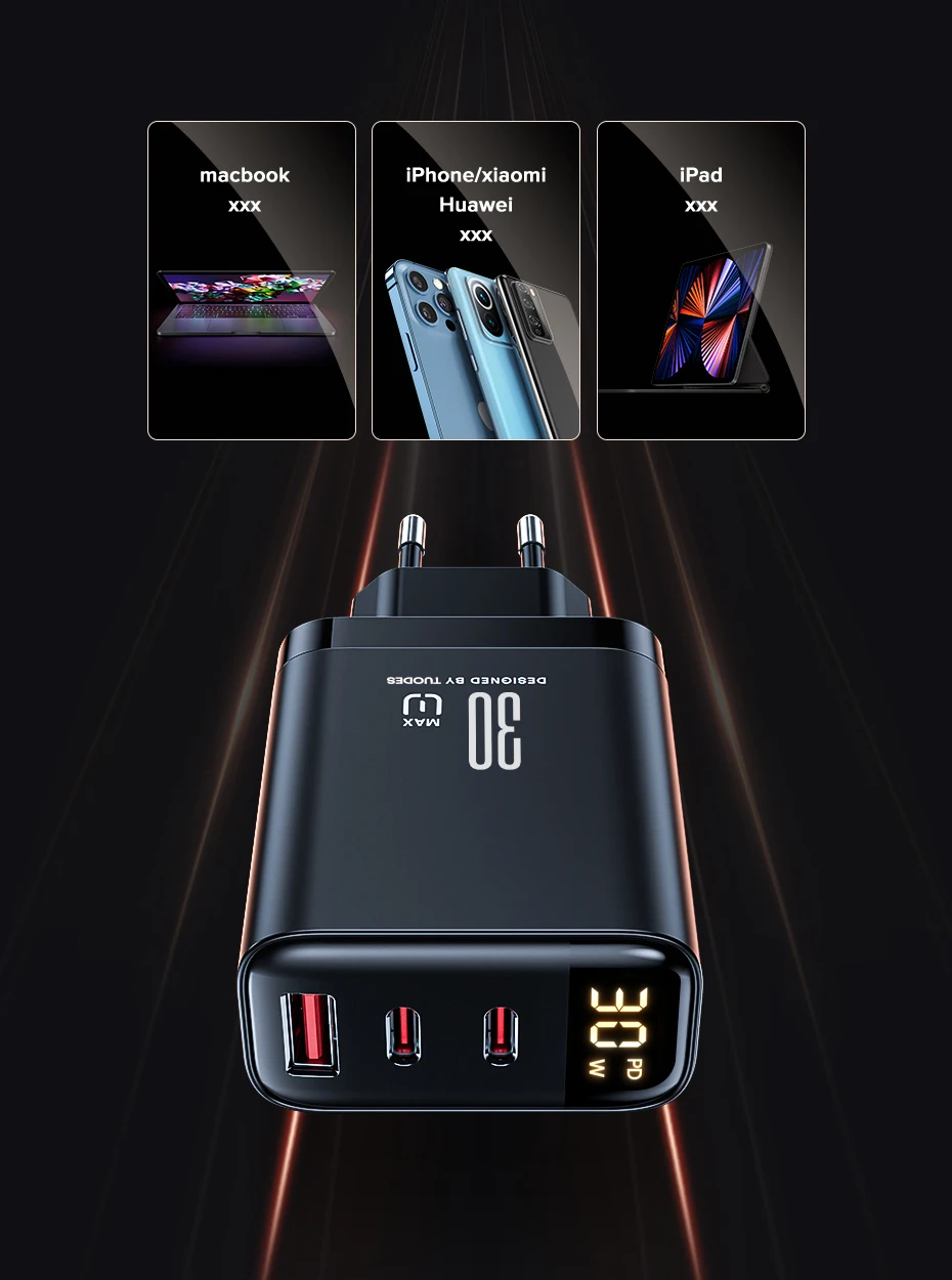 Tuodes 30W GaN USB Charger 3-Ports USB Type C Fast Charging PD3.0 Quick Charge Wall Adapter For iPhone 17 16 Samsung Xiaomi iPad