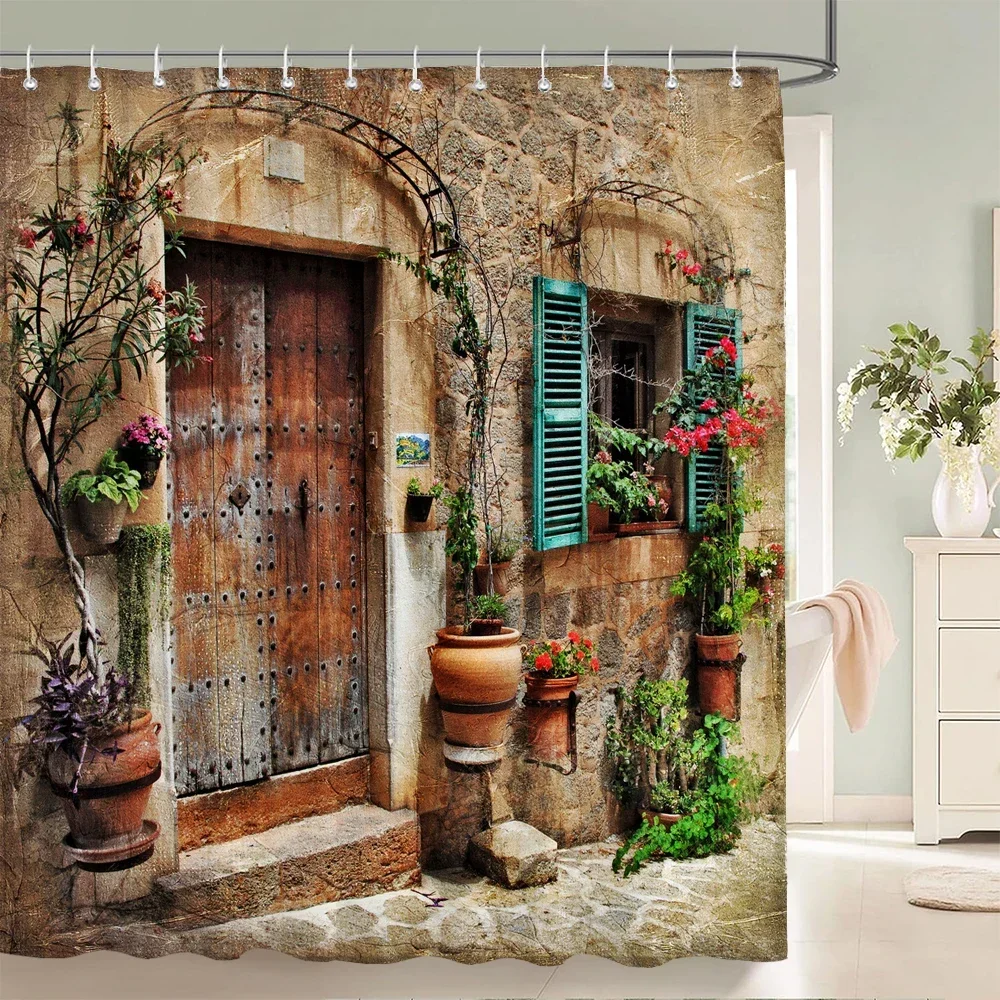 Tuscan Village Stone House Shower Curtain Rustic Wooden Door Green Shutters Potted Floral Mediterranean Street Print Waterproof