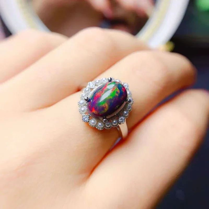 Natural Australia Black Opal Ring 8*10MM Gemstone 925 Sterling Silver Jewelry for Women Wedding Engagement Gift