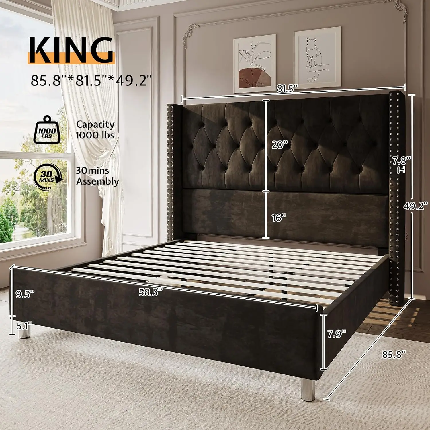 King Bed Frame Velvet Tufted Upholstered 49.2