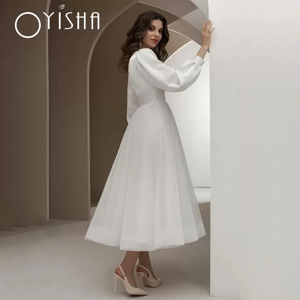 OYISHA Ivory Satin Button Bridal Gown V-Neck Long Sleeves Short Tea-Length A-Line Tulle Wedding Dresses 2023 Vestidos De Noiva