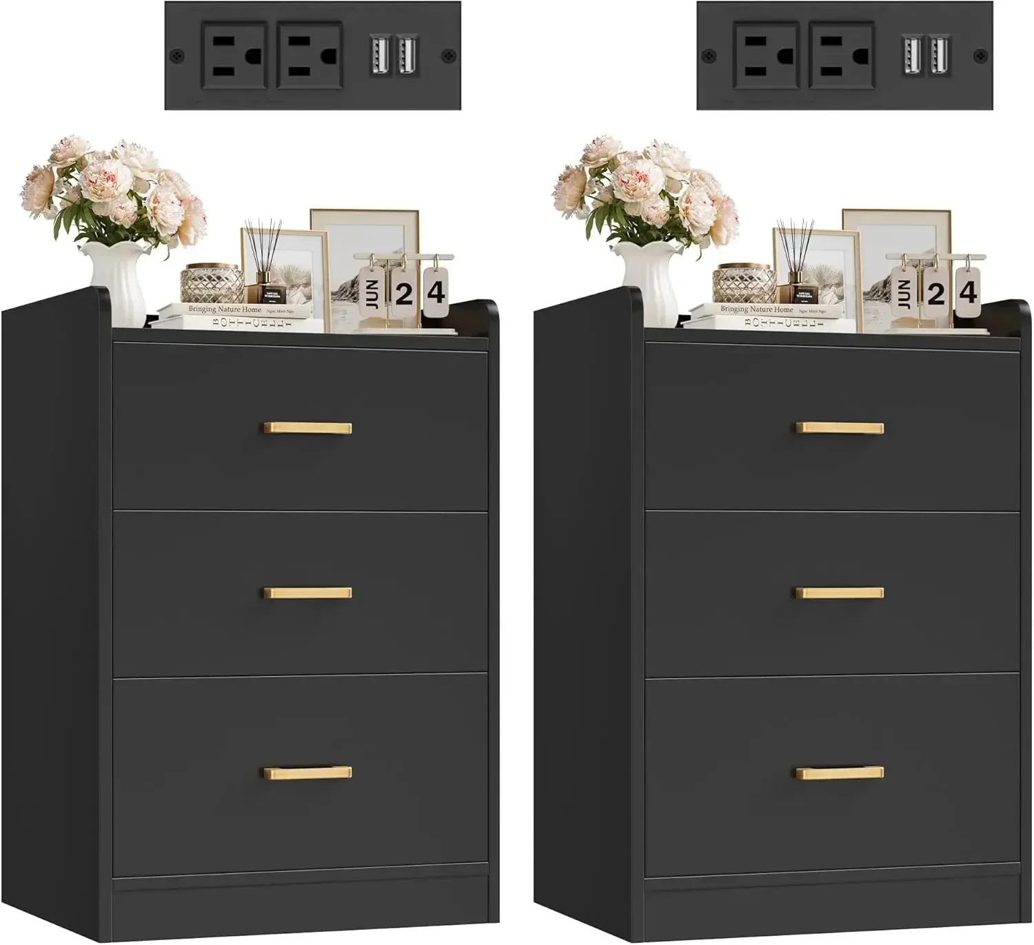 Competing Product Nightstands Set Of 2 Black Nightstand With Charging Station, 3 Drawer Nightstand With Gold Handles, Black Side