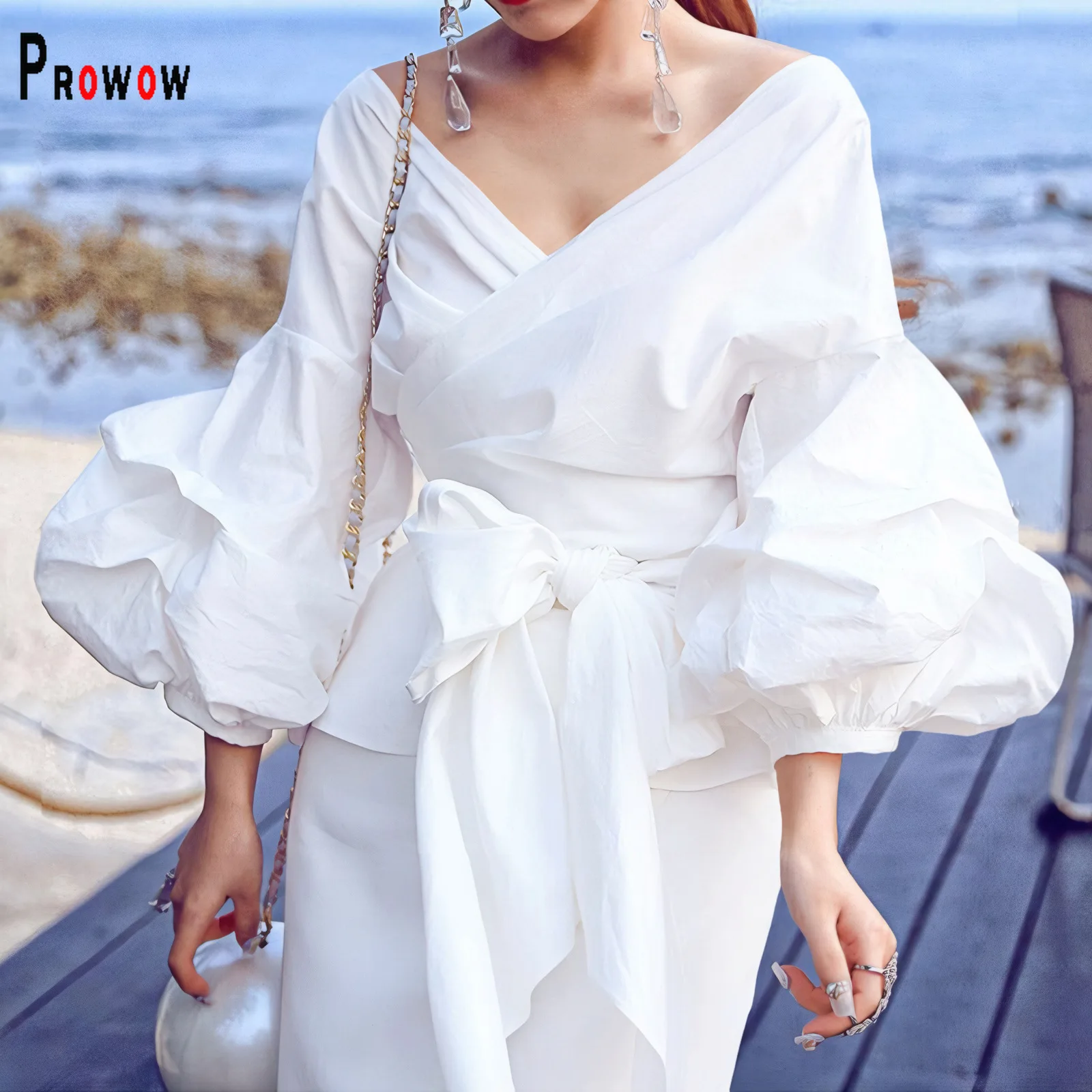 Prowow Red Elegant Women Blouses Long Puff Sleeve V-neck Slim Fit Female Tops Clothes Criss-Cross Lace Up Bow White Shirts