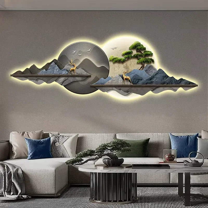 Luminous LED Light Painting Landscape MDF Sofa Background Wall Hanging Remote Control Switch Light Room Decoration Modern