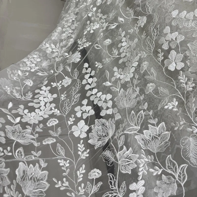 Premium Elegant Floral Leaf Embroidered Lace Fabric Wedding Dress Bridal Gown Evening Wear Formal Outfits Bridal Crafts Sheer
