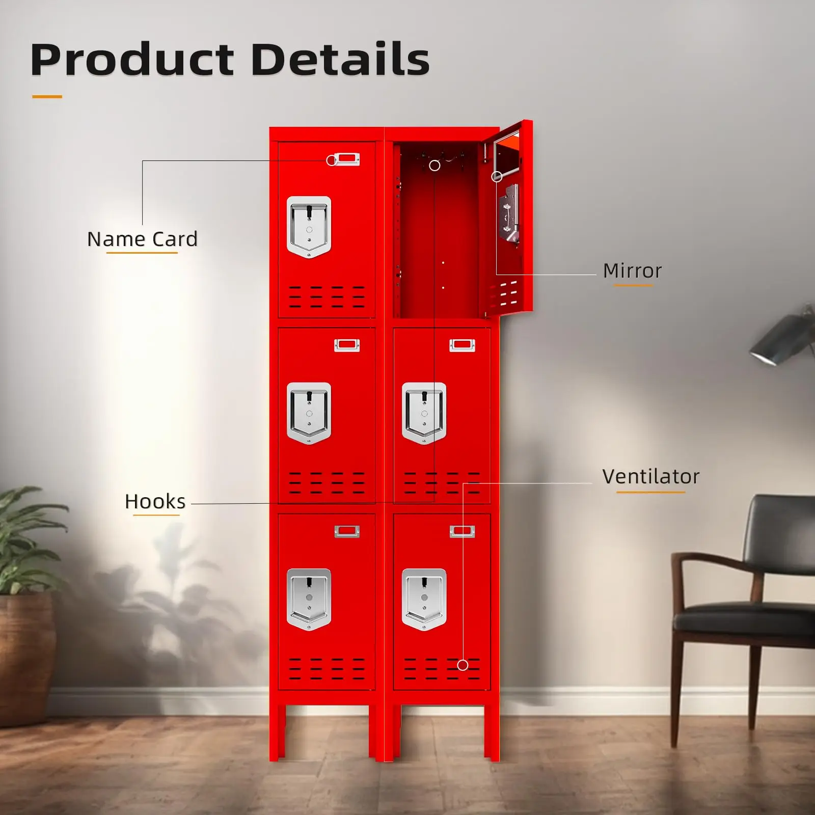 Metal Locker with 3 Doors Employees Locker, Metal Storage Locker with Hooks, 66" Storage Cabinet Lockers for Employees, Home, Of