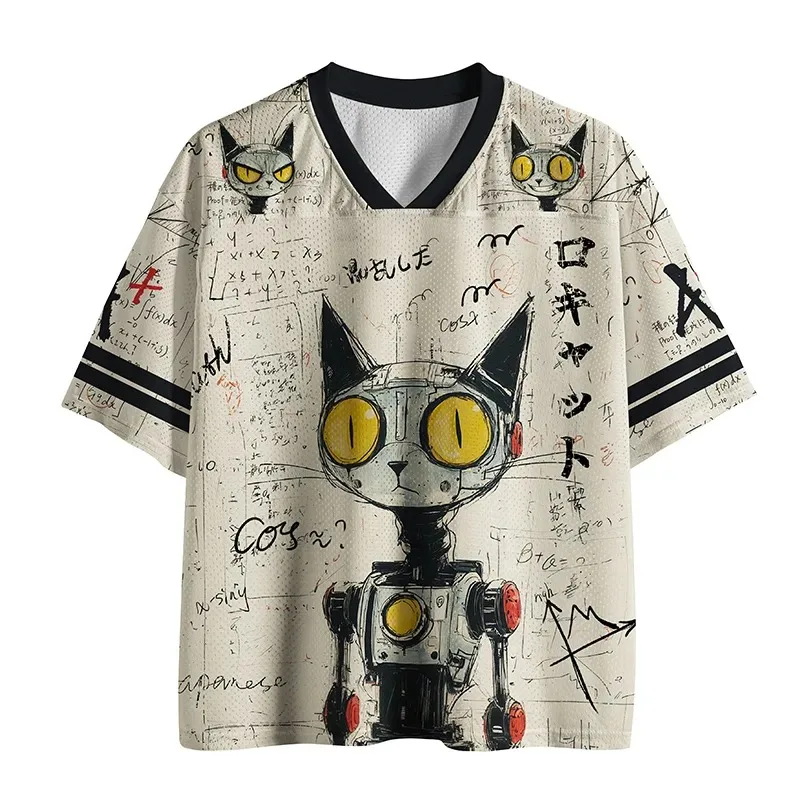 Retro-style V-neck Quick-dry T-shirt Featuring A Mechanical Cat Graphic—set Against A Math and Sketch Background; Street Style.