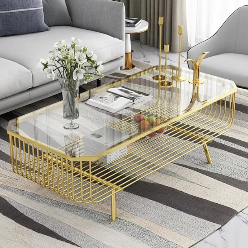 Modern rectangular coffee table with tempered glass top and circular iron frame storage - durable in living room and gym