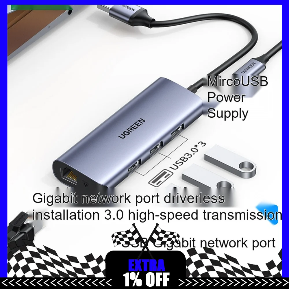 UGREEN 60719 CM252 USB 3.0 Hub with Gigabit Ethernet Adapter 3 Port USB Splitter RJ45 Wired Network Card for Laptop PC