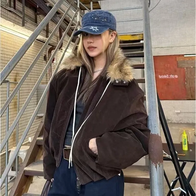 

Women's Vintage High Street Subculture Zip-up Jacket Winter New Y2K Harajuku Style Fox Collar Coat Women's Loose Fashion Outwear