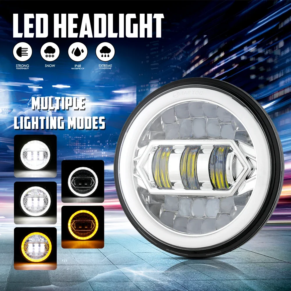 5.75'' H4 LED Motorcycle LED Headlight  w/ Halo Ring White DRL Angel eyes For HarleyDyna/softail Deuce/Sportster/Night Train