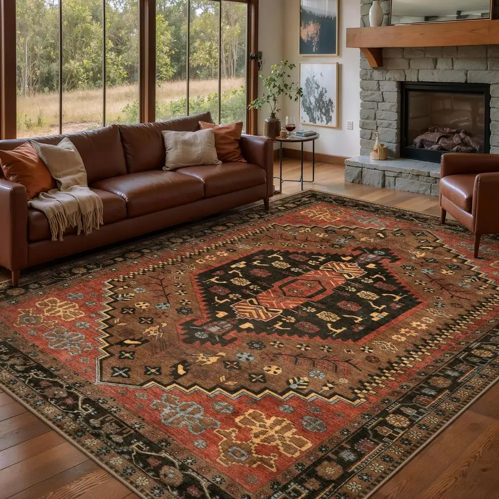 

Large 5x7ft Washable Low-Pile Indoor Rug - Non-Slip Area Mat for Living Room, Bedroom, and Dining Spaces