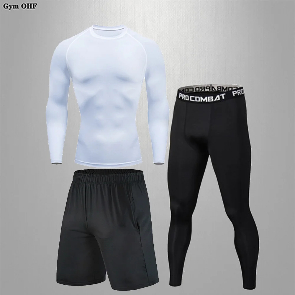 T-shirt Shorts 3-piece Sets Men Sportswear Rashguard Jiu Jitsu BJJ Compression T Shirt+Leggings Set Mens Gym Running Sportsuits