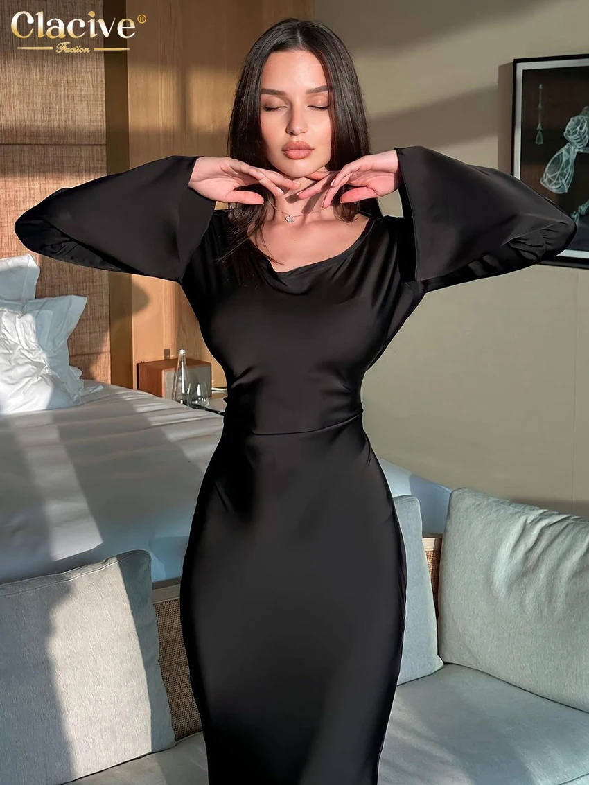 Clacive-vestido ajustado de satén negro para mujer, prenda Sexy de manga larga con cuello en V, hasta el tobillo, elegante y Simple, para fiesta