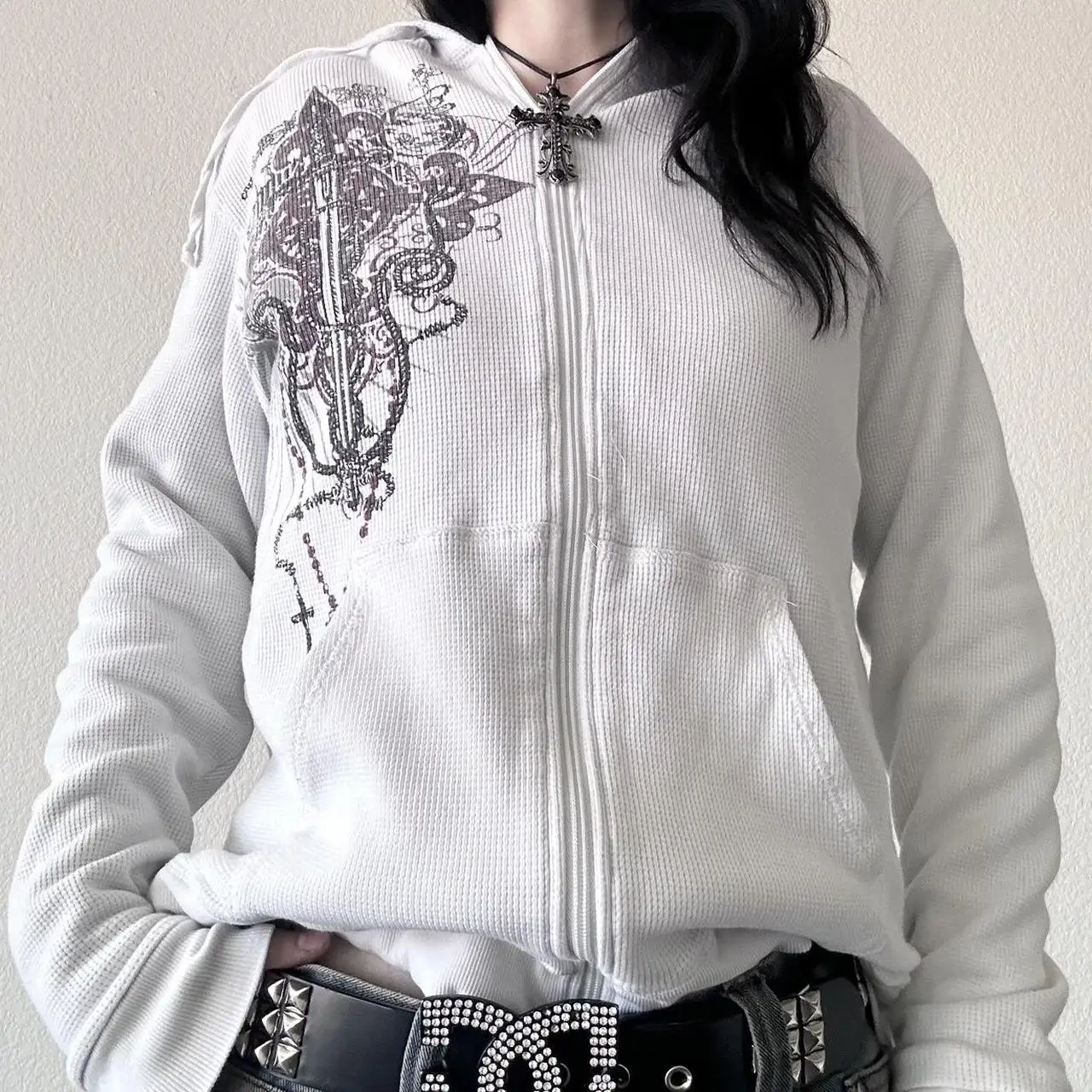 2000s Fairy Grunge Floral Print Women Long Sleeve Hooded Tops y2k Aesthetic Hoodies Clothes Gothic Sweatshirts Sweatshirts