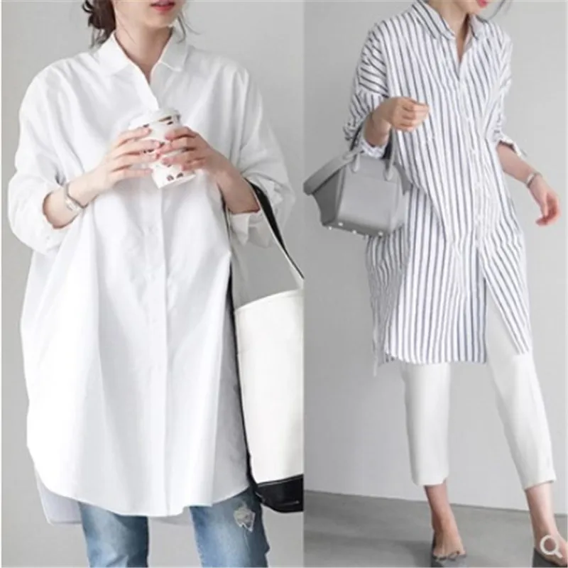 

Women's Casual Mid-length Shirt Long Sleeves Cotton Shirt Fashion Tunic Tops Stripe Shirt