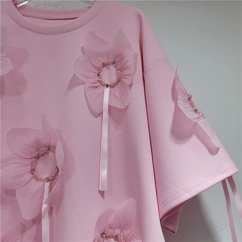 Round Neck Mid-length T-shirt Dress 2024 Summer New Style Fashionable Three-dimensional Flower Beading Loose Large Size Top