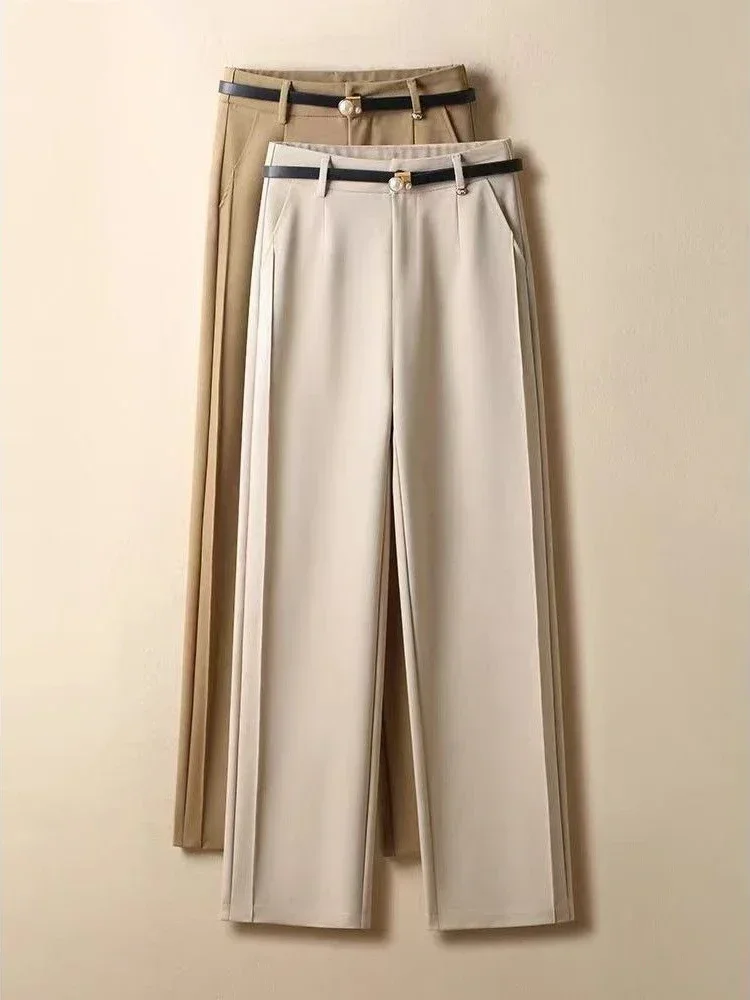 Women's Elegant Wide-leg Pants Autumn Solid Khaki Black Casual Straight Office Suit with Belt New Simple Lady Pants