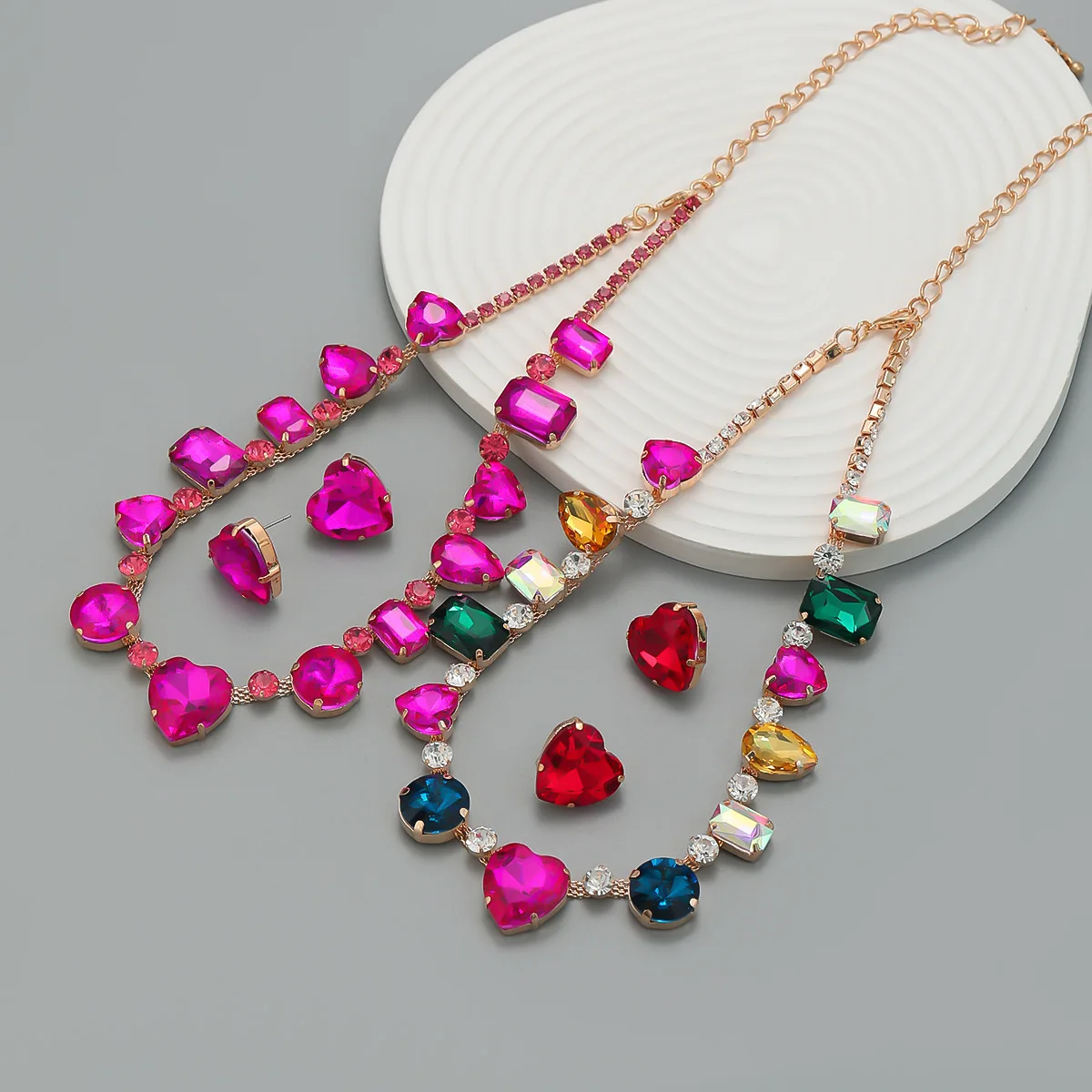 Wedding Party Fuchsia Colorful Geometric Rhinestone Necklace Earrings Jewelry Sets For Women Banquet Accessory