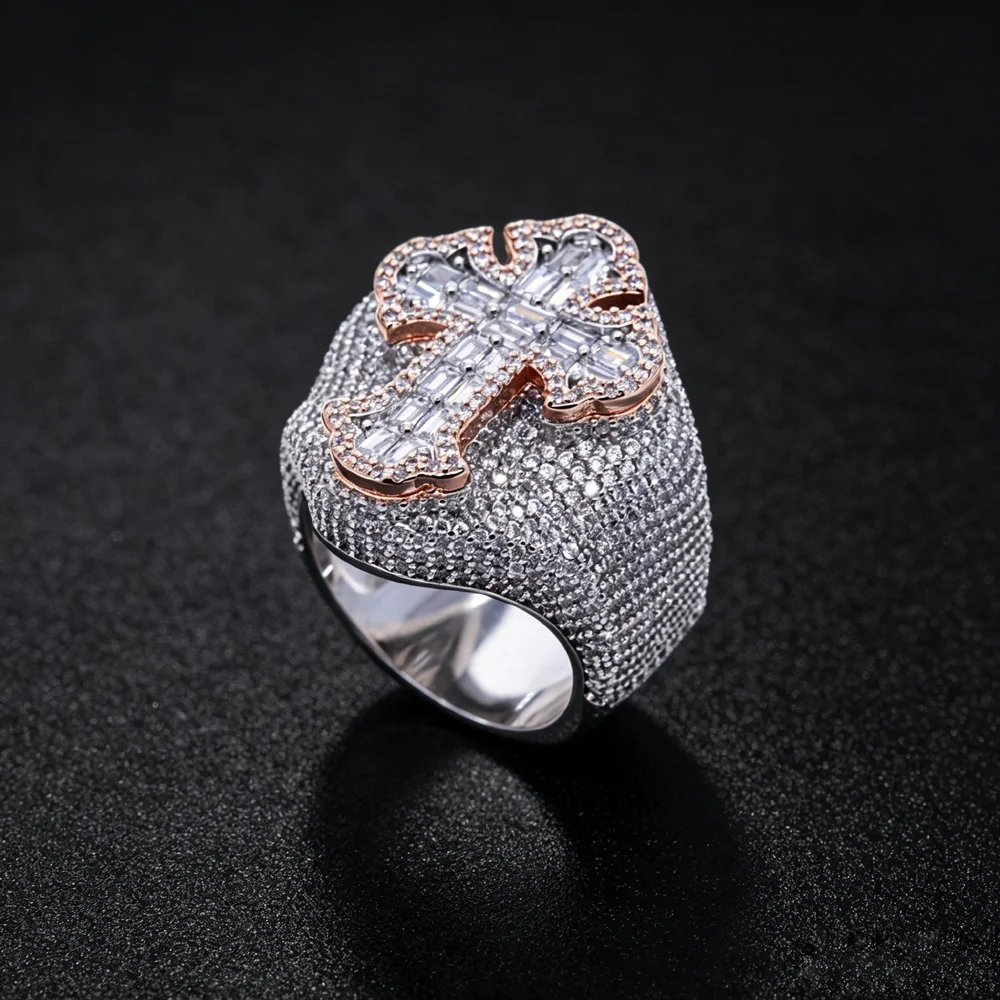 Hip hop rap men's silver rose dual tone micro paving shiny zircon ice out three-dimensional cross fashion men's ring jewelry