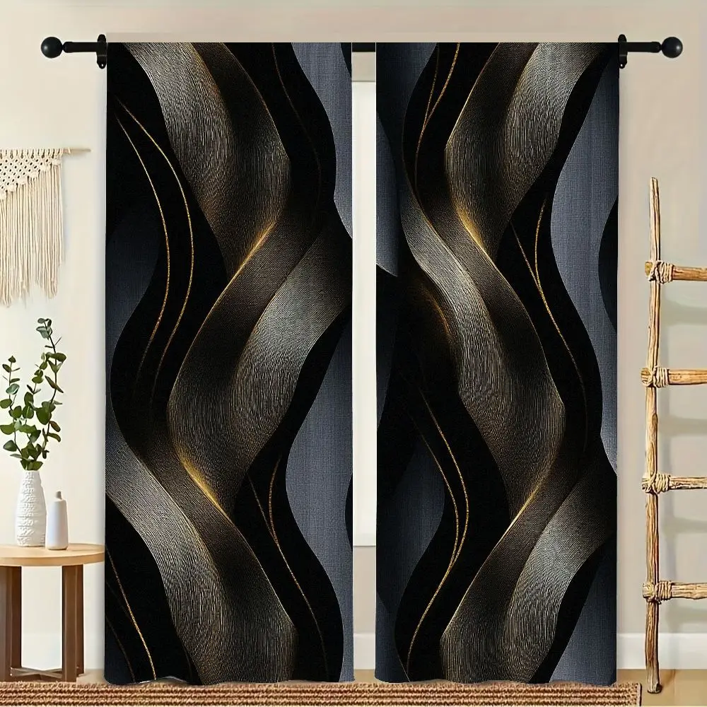 

2Pcs Curtain avy Shapes Textured Thin Golden Lines Window Drapes For Bedroom Living Room Decoration Window Treatment.