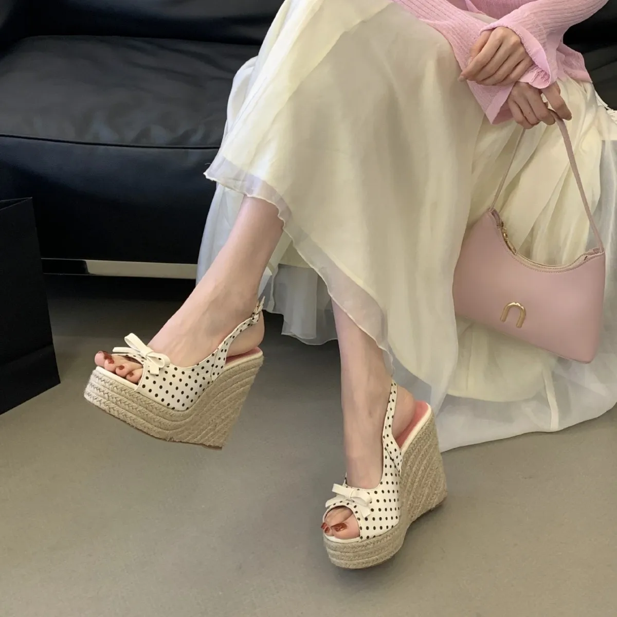 Women's Summer Wedge Platform Sandals Grass Woven Thick Soled Shoes Princess Pink Polka Woman 12 cm High Heel Casual Retro Shoe