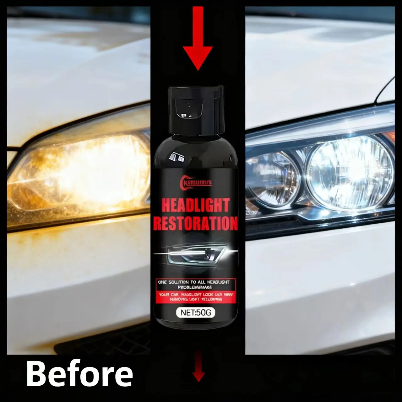 Ksmumnrs Headlight Restoration 50G - All-in-One Car Headlight Repair Solution, Restore Yellowed/Faded Headlights to Like-New Shi